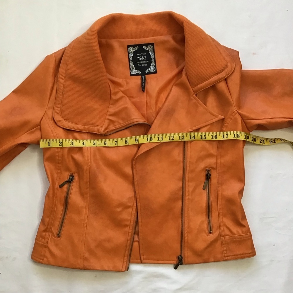 YOKI COLLECTION WOMEN ELEGANT VIBRANT ORANGE FAUX LEATHER COLLAR MOTO JACKET M - Picture 7 of 10